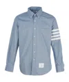 Thom Browne Light Blue Solid Flannel Shirting 4-bar Nametag Straight Fit Shirt In Blue