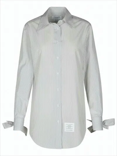 Thom Browne Long-sleeved Shirt With Vertical Stripes And Bow Cuffs In Gray