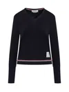 Thom Browne Cotton Pique V Neck Long Sleeve In Navy