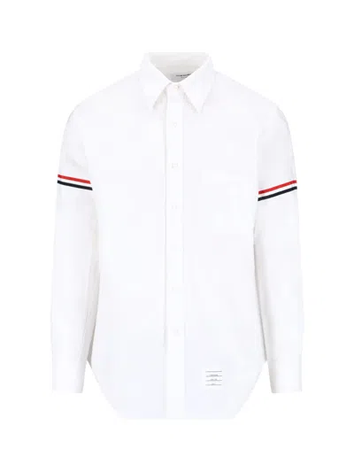 Thom Browne Long-sleeve Button-up Shirt With Chest Pocket And Sleeve Stripe Detail In White
