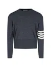 Thom Browne Crewneck Sweater With Ribbed Cuffs And Striped Sleeve In Gray