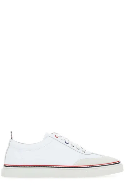 Thom Browne Low-top White Leather Sneakers With Suede Accents And Signature Detailing