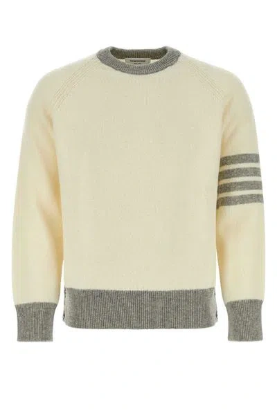 Thom Browne Luxurious Wool Striped Knit Jumper For Men In Neutral Brown And Navy Blue In White