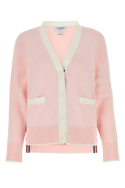 Thom Browne Cotton Cardigan With Contrast Trim And Ruffle Detailing In Pink