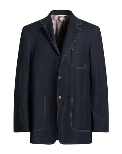 Thom Browne Man Blazer Navy Size 2 Cotton, Linen In Blue