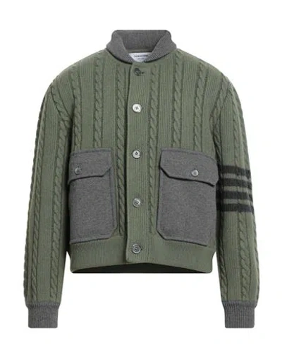 Thom Browne Man Cardigan Sage Green Size 3 Virgin Wool, Cotton, Polyamide