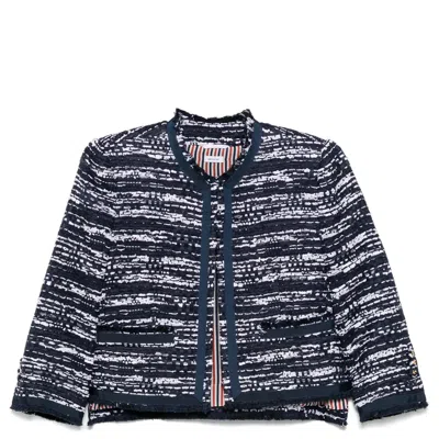 Thom Browne Melange Tulle Yarn Tweed Drop Back Cardigan Jacket Women In Blue
