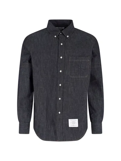 Thom Browne Dark Blue Denim Shirt With Multicolor Tab Detail In Black