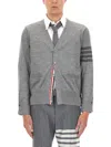 Thom Browne Striped V-neck Ribbed Cardigan With Long Sleeves In Gray