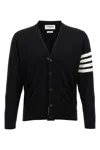Thom Browne Jersey Stitch Relaxed Fit V Neck Cardigan In Fine Merino Wool With 4 Bar Stripes In Black