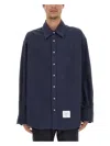 Thom Browne Oversize Long Sleeve Shirt With Pocket And Stripe Detail In Blue
