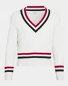 Thom Browne Rwb Cable Knit Sweater Button Detail V Neck In White