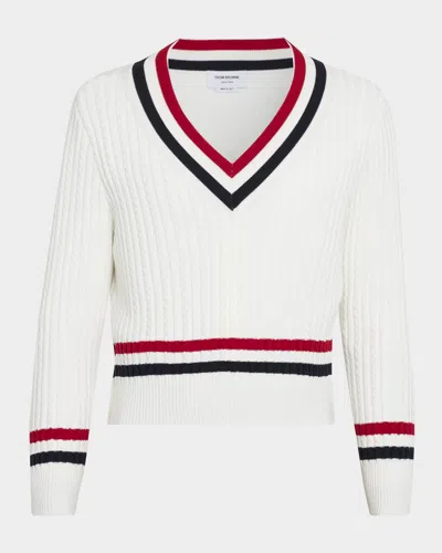 THOM BROWNE MEN & APOS;S COTTON CABLE KNIT STRIPE-TRIM V-NECK SWEATER