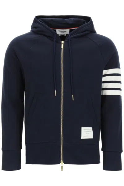 Thom Browne Blue Cotton Zip-up Hoodie With Signature 4-bar Stripes For Men
