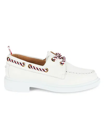 Thom Browne Men's Brogue Leather Boat Shoes In White