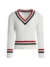 Thom Browne Rwb Cable Knit Sweater Button Detail V Neck In White