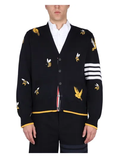 THOM BROWNE MEN'S CARDIGAN WITH BIRDS AND BEES INLAYS