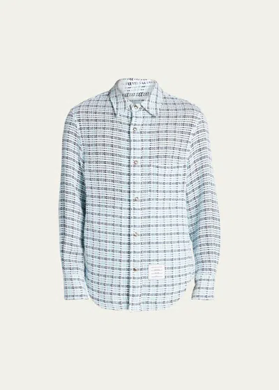 Thom Browne Men's Check Cotton-tweed Snap-front Overshirt In Open Blue