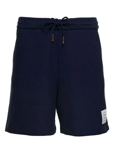 Thom Browne Classic Drawstring Logo Patch Shorts In Raffia Canvas In Blue