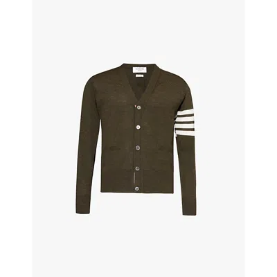 Thom Browne Mens Dk Green Brand-stripe V-neck Wool Cardigan