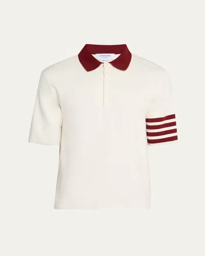 THOM BROWNE MEN'S ECRU COTTON STRIPE-SLEEVE POLO SHIRT