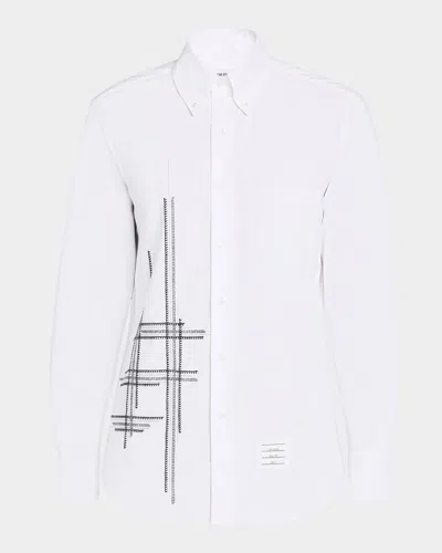 Thom Browne Men's Embroidered Plaid Button-collar Sport Shirt In White
