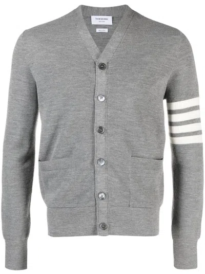 Thom Browne Men's Fw23 Striped Knit Cardigan In Ash Grey In Gray