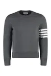 THOM BROWNE MEN'S GREY COTTON CREW-NECK SWEATER WITH STRIPED AND TRICOLOR DETAILS