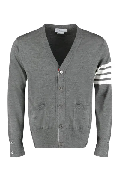 Thom Browne Blue 4-bar Merino Wool Cardigan For Men In Grey