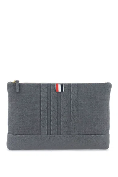 Thom Browne Men's Grey Wool Pouch Handbag With Grained Leather Details And Iconic 4-bar