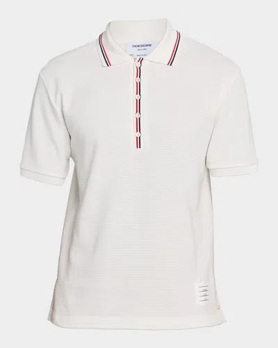 Thom Browne Men's Grosgrain-trim Waffle Knit Polo Shirt In White