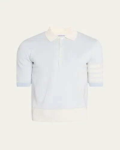 Thom Browne Men's Linen And Cotton Stripe-sleeve Polo Shirt In Blue