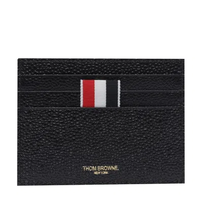 Thom Browne Textured Cowhide Leather Card Wallet With Striped Accent In Black
