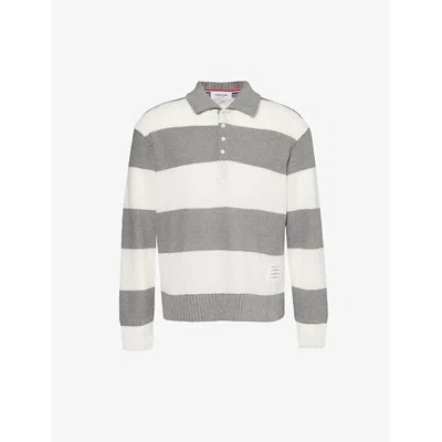 Thom Browne Mens Lt Grey Striped Brand-patch Cotton-knit Rugby Shirt