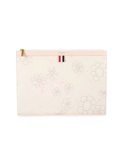 Thom Browne Men's Medium Floral Leather Document Holder In Light Grey