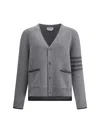 Thom Browne Grey Cardigan With V Neck And Striped Detail On The Sleeve In Wool Man In Gray
