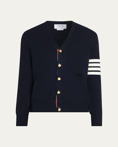 Thom Browne Men's Milano Stitch V Neck Cardigan In Cotton W 4 Bar Stripe In Blue