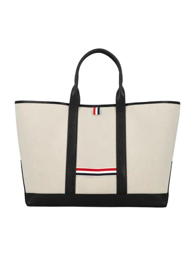 Thom Browne Natural And Black Cotton Tote Handbag With Leather Handles In Natural\black