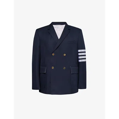 Thom Browne Mens Navy Four-bar Double-breasted Regular-fit Cotton Blazer