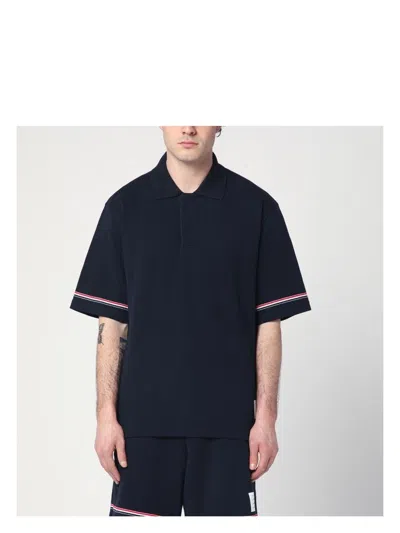 THOM BROWNE MEN'S NAVY POLO SHIRT WITH TRICOLOUR DETAIL