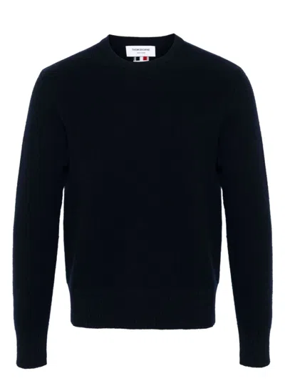THOM BROWNE MEN'S NAVY WOOL LOGO SWEATER