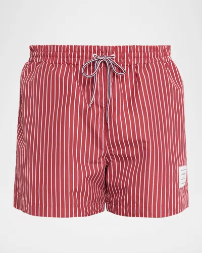 Thom Browne Men's Nylon Pinstripe Swim Trunks In Red