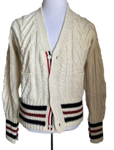 Pre-owned Thom Browne Men Open Knit Wool Blend Cardigan Sweater White L ( 3 ) Ireland