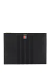 THOM BROWNE MEN'S PEBBLED LEATHER MEDIUM DOCUMENT HOLDER IN BLACK WITH TRICOLOR STRIPES