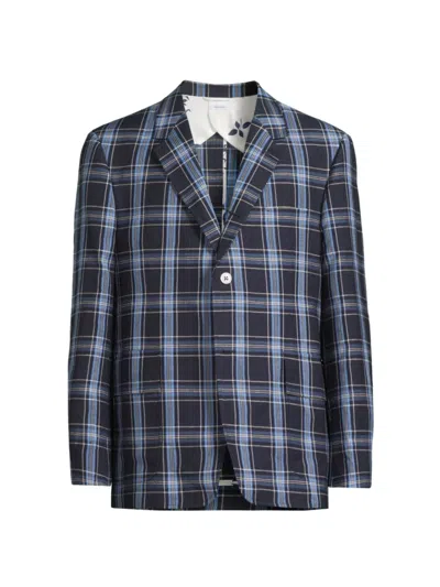 Thom Browne Unstructured Straight Fit Plaid Cotton Sport Coat In Dark Navy