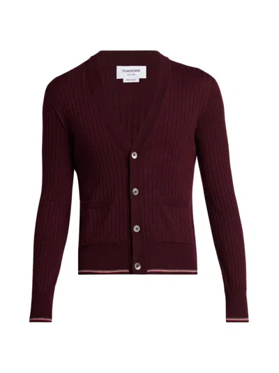 Thom Browne Men's Rwb Striped Merino Wool Cardigan In Burgundy