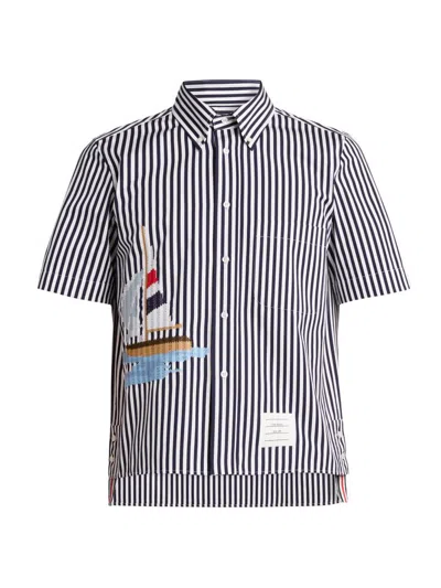 Thom Browne Men's Sailboat-embroidered Uni Wide Striped Poplin Shirt In Blue
