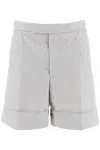 THOM BROWNE MEN'S SEERSUCKER SINGLE-PLEAT SHORTS WITH TRICOLOR DETAILS FOR SS23