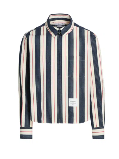 Thom Browne Seersucker Stripe Zip-up Shirt With Point Collar In Blue