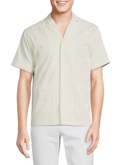 Thom Browne Men's Seersucker Striped Camp Shirt In Green